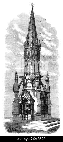 Fontana di Hyde Park, [Londra], aperta sabato scorso, 1868. "...il Duca di Cambridge, in qualità di Ranger di Hyde Park, ha preso parte all'inaugurazione di una nuova fontana per bevande alcoliche, eretta a spese del Maharajah di Vizianagram, K.C.S.I., membro del Consiglio legislativo dell'India, e sotto gli auspici della Metropolitan Drinking-Fountains Association... è costruito con la migliore pietra di Bath; le ciotole sono in granito rosso lucido di Aberdeen; e le colonne in pietra Pennant blu... è stato progettato dal signor Robert Keirle... ci sono quattro ciotole e getti d'acqua, e sotto ogni ciotola c'è un galvan Foto Stock