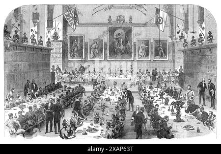 Cena data dagli Inns of Court Volunteers all'Universities Corps, [Londra], 1868. "È stato menzionato nel nostro ultimo [numero] che questi tre corpi di volontari hanno avuto una giornata di campo proprio, a Wimbledon, martedì settimana. I due corpi universitari arrivarono presto a Londra e marciarono verso il King's Bench-Walk, Temple, dove trovarono gli Inns of Court Volunteers, al numero di 152 gradi e file, in attesa di riceverli. I volontari dell'Università di Oxford erano solo ventitré, sotto il comando del capitano e dell'aiutante Jones. Gli altri ufficiali erano il tenente Jermyn e il tenente Hughes. Foto Stock