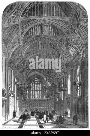 Interno di Guildhall, [City of London], come restaurato, 1865. "...il presente, o la terza Guildhall...[risale all'anno 1411... nel grande incendio [1666] il tetto di quercia aperto fu completamente distrutto...[fu sostituito, e] per più di 150 anni i cittadini hanno sopportato il rimprovero di aver sfigurato la loro nobile sala... la Corporation aveva deciso di "ripristinare il tetto dopo il suo stile incontaminato"... il [nuovo] tetto e altri restauri sono stati confidati al signor Horace Jones, l'architetto della città... i lavori sono stati eseguiti dal signor Myers... e la sua costruzione generale... è il più possibile Foto Stock