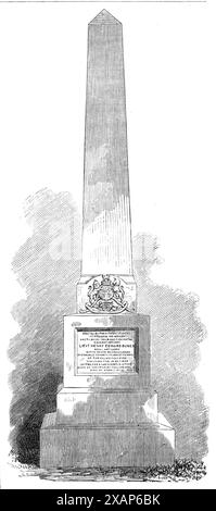 Monumento a Lieut. H. E. Baines al [Mount Hermon Cemetery], Quebec, 1869. Obelisk '...sopra la tomba del tenente Henry Edward Baines, della Royal Artillery, che morì per le ferite ricevute nell'eroica esecuzione del suo dovere alla grande conflagrazione il 14 ottobre 1866, quando furono distrutte oltre 2500 case...il Convento dell'ospedale generale, con 300 detenuti, di cui 150 infermi e indifesi, fu avvicinato dalle fiamme con feroce rapidità; e l'unico modo per salvarlo era far saltare in aria un edificio in arrivo... questo coraggioso giovane ufficiale... ordinò di mettere un fusto di polvere da sparo nella Foto Stock