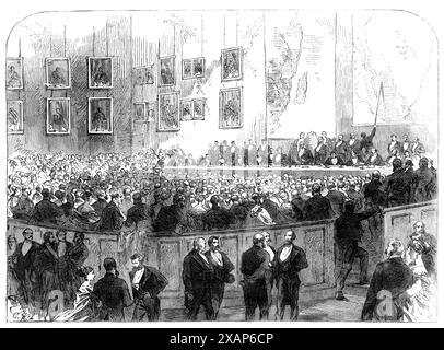 Mr. Young descrive la sua ricerca del Dr. Livingstone, Meeting of the Royal Geographical Society, Burlington House, [Londra,] 1868. Il tenente Edward Daniel Young guidò con successo una "...spedizione in barca lungo il fiume Zambesi alla ricerca del dottor Livingstone...è allo stesso tempo riferito al console britannico a Zanzibar che un uomo bianco, che dovrebbe essere il dottor Livingstone, è stato visto sulla riva del lago Tanganica...durante l'incontro,...Signor Young e il capitano Faulkner erano presenti; e il signor Young, che è un ufficiale di mandato della Royal Navy, ma un esperto viaggiatore africano, è stato ricevuto con tutti Foto Stock