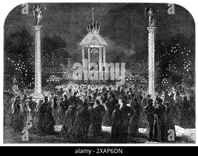 Notte F&#xea;te a Firenze in onore del matrimonio del principe ereditario d'Italia, 1868. Veduta di '...il ballo all'aperto nelle Cascine, fornito dal comune di Firenze, per la gente di quella città amante del piacere'. Da "Illustrated London News", 1868. Foto Stock