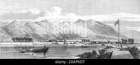 Apertura dei porti marittimi interni del Giappone: Sito dell'insediamento straniero concesso a Hiogo, vicino a Osaca, 1868. Incisione di uno schizzo del sottotenente F.J. Palmer, R.N., di H.M.S. Sylvia, Admiralty Surveyor, che mostra "... il sito del nuovo insediamento dall'ancoraggio, il primo piano è occupato da un muro di mare e da un molo in corso di costruzione, insieme ad alcune residenze ufficiali, che si stanno costruendo rapidamente... i mercanti inglesi, francesi, americani e stranieri, che finora sono stati limitati, per la maggior parte, a Yokohama, un sobborgo di Jeddo, e a Nagasaki, dove Foto Stock