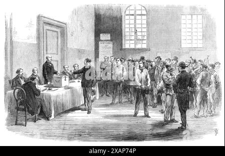 Elezioni in Francia: Elettori votanti al posto elettorale del Faubourg St. Antoine, [a Parigi], 1869. '...le elezioni sono passate senza il minimo disordine, e con solo una moderata quantità di eccitazione ... armati con il suo biglietto di voto verde, l'elettore si presenta al posto elettorale... alla porta, probabilmente sarà guidato dagli agenti dei diversi candidati che daranno a ciascuno un piccolo pezzo quadrato di carta bianca, avendo su di esso il nome di un candidato particolare. L'elettore prende tutti i documenti che gli hanno offerto, o solo uno; e, entrando Foto Stock