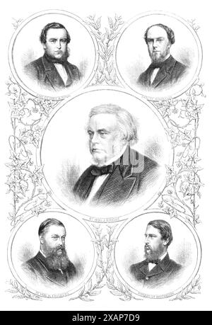 Il nuovo Ministero, 1869. Incisioni di '...cinque membri del Gabinetto del signor Gladstone...sono Mr. Bright, Presidente del Board of Trade [Center]; Lord Kimberley, che è Lord Privy Seal [in alto a destra]; Lord De Grey e Ripon, Lord Presidente del Consiglio [in alto a sinistra]; Lord Hartington, Postmaster-General [in basso a destra]; e Mr. Childers, primo Lord dell'Ammiragliato [in basso a sinistra]...il Ritratto di Mr. Bright è inciso da una fotografia di Mr. H. J. Whitlock, New-Street, Birmingham; e gli altri quattro ritratti sono da fotografie di Mr. John Watkins, Parliament-Street, Westminster'. Da "il Foto Stock