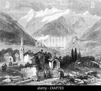 La nuova rotta via terra verso l'India: Modane [in Francia], all'estremità nord del tunnel sotto il Monte Cenis, 1869. "Il villaggio di Modane, sul versante sabaudo delle montagne... è la prima stazione sulla linea Mont Cenis Summit di Mr. Fell... c'è un punto a metà strada sul versante della montagna, verso la sinistra, dove la foce del tunnel è segnata dall'aumento di un piccolo volume di fumo... la continuazione della ferrovia da St. Michel per entrare nel tunnel può essere effettuata solo facendo un circuito, dopo aver portato la linea fino a Modane, e poi girando intorno al lato del cavo fino a raggiungere un punto Foto Stock