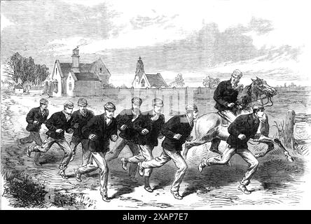 Oxford and Cambridge Boat-Race: The Cambridge Crew training on Barnes-Common, [sud-ovest di Londra], 1868. "...chi c'è là - alto e basso, ricco e povero - che non si interessa profondamente a questa lotta annuale per quello che è stato giustamente definito il "nastro blu" del fiume? Dall'erede al Trono fino al conducente di un taxi che sfoggia la sua parte di blu scuro o chiaro attaccata alla frusta, tutti coloro che si trovano a una distanza ragionevole affollano su strada o ferrovia, o fiume per Putney per vedere il "Varsity Match"...independent dell'interesse eccitato tra tutte le classi come t Foto Stock