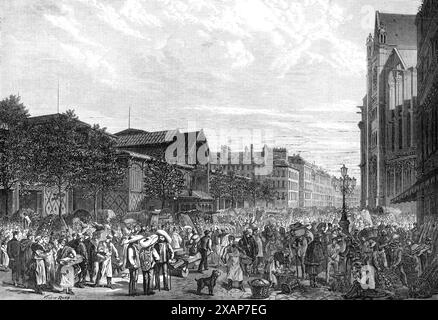 Paris Halles Centrales all'alba, 1869. "Le prime rate della fornitura giornaliera di cibo della capitale francese sono portate dai carrelli dei giardinieri del mercato...i padiglioni smaltati sono stati aperti; sul marciapiede fuori le transazioni sono diventate più attive; iniziano ad arrivare gli acquirenti privati; i sottufficiali, accompagnati da soldati che portano grandi sacchi, vagano intorno a un mucchio di verdure e scelgono le razioni quotidiane... le Halles Centrales sono di enorme portata, eppure non sono sufficienti a tenere tutti i commercianti che dovrebbero trovare posto lì. Alcuni mercati sono sovraccarichi di A. Foto Stock