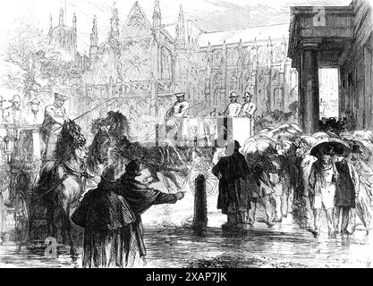 The Westminster Election Petition: Arrival of the Judge and Sheriffs at the Westminster Sessions-House, [Londra], 1869. L'indagine giudiziaria sulle presunte pratiche corrotte all'elezione del signor W. H. Smith per la città di Westminster iniziò davanti al signor Barone Martin, venerdì mattina, alla Westminster Sessions House, Broad Sanctuary. Il giudice colto fu scortato dal signor Alderman e dallo sceriffo Cotton e dal signor Sheriff Hutton, che lo aspettarono nella sua residenza a Eaton-Square. Una folla di persone, riunite fuori dalla Sessions House, salutò l'arrivo delle carrozze con som Foto Stock