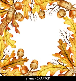 cornice quadrata ad acquerello con foglie e semi di quercia autunnale, illustrazione disegnata a mano di foglie e ghiande di quercia gialla e marrone, schizzo isolato su bianco Foto Stock