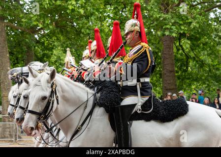 The Mall, Westminster, Londra, Regno Unito. 8 giugno 2024. Il Trooping the Colour si svolgerà il 15 giugno. La revisione è una valutazione finale della parata militare prima che l'evento completo si svolga la prossima settimana. Le truppe attraversarono il Mall per la revisione della Horse Guards Parade, prima di tornare. The Mounted Band of the Household Cavalry, Blues & Royals Foto Stock