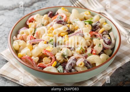Deliziosa insalata di pasta americana con cipolle, mais, fagioli, peperoni con condimento ranch da vicino in una ciotola sul tavolo. Orizzontale Foto Stock