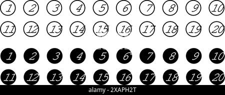 Icona punti elenco Imposta lo stile in linea, semplici numeri rotondi in stile piatto, set di 1-15 numeri simbolo nero semplice. Illustrazione Vettoriale