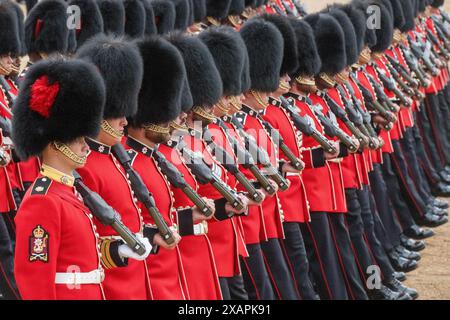 Londra, Regno Unito, 8 giugno 2024. Centinaia di cavalli militari operativi e più di mille soldati a doppio ruolo della Household Division dell’esercito britannico prendono parte alla rivista del colonnello alla parata di Horseguard. Questo evento è l'ultima parata prima della parata del compleanno del re. Crediti: A.A. Gill/Alamy Live News Foto Stock