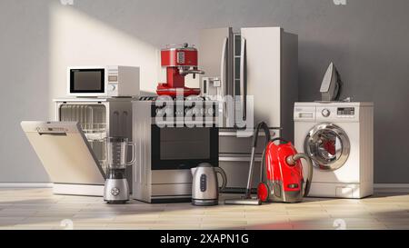 Set di elettrodomestici da cucina in camera con luce solare. illustrazione 3d. Foto Stock