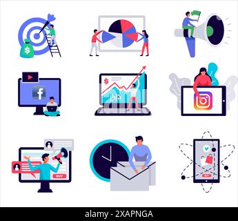 Illustrazioni dei vettori di marketing dei social media. Illustrazione Vettoriale