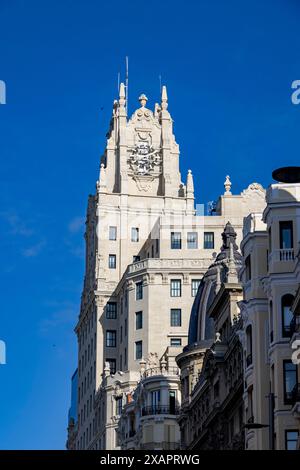 Particolare dell'edificio Telefónica (edificio Telefónica), Gran via 18, Madrid, Spagna Foto Stock