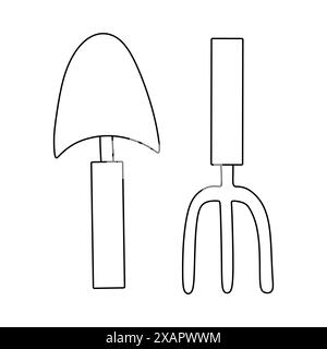 Set di attrezzi da giardino Doodle. Attrezzature per rastrelli e pala, strutture per giardinaggio, agricoltura e orticoltura. Vettore a mano libera disegnato a mano libera Illustrazione Vettoriale