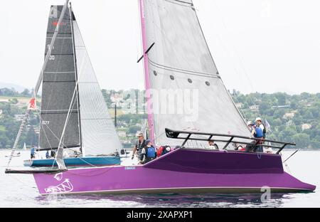 Ginevra Svizzera, 06/08/2024: Carondimonio saltato da Gauvain Ramseier poco prima dell'orario di partenza della regata di Ginevra-Rolle-Ginevra. La regata Ginevra-Rolle-Ginevra, la più importante prima del Bol D'Or Mirabaud, si svolse nel lago di Ginevra. (Foto di Patrick Dancel/Alamy Foto Stock