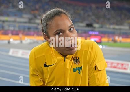 Stadio Olimpico, Roma, Italia. 7 giugno 2024. 2024 Campionati europei di atletica leggera, 1° giorno; Yemisi OGUNLEYE finisce 3° durante il lancio delle donne. Credito finale: Action Plus Sports/Alamy Live News Foto Stock