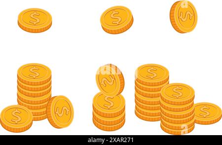 Serie di monete d'oro realistiche. Diverse pile di oro, denaro contante o tesoro. Banca e finanza. Investimento Illustrazione Vettoriale