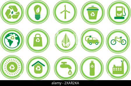 Impostare le icone ecologia, la raccolta di icone ambientali Vector verdi in un cerchio Illustrazione Vettoriale