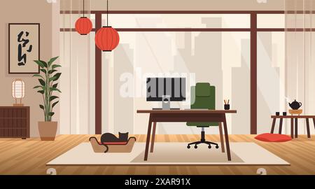 Moderno ufficio domestico zen con grande finestra, impianto domestico, computer e gatto. Luogo di lavoro tranquillo e accogliente in stile asiatico con vista della città e atmosfera creativa Illustrazione Vettoriale