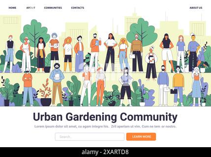 Gruppo di persone diverse in piedi in un giardino urbano con piante e sfondo urbano. Tema del giardinaggio comunitario e del lavoro di squadra Illustrazione Vettoriale