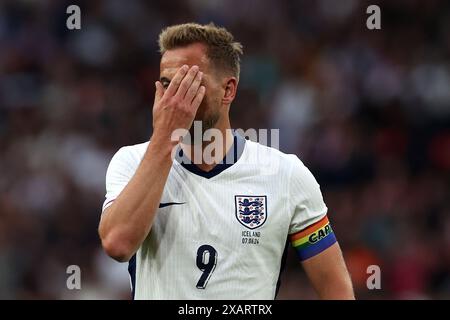 Londra, Regno Unito. 7 giugno 2024. Harry Kane, d'Inghilterra, reagisce. Inghilterra contro Islanda, partita amichevole internazionale di calcio allo Stadio di Wembley a Londra venerdì 7 giugno 2024. Solo per uso editoriale. foto di Andrew Orchard/Andrew Orchard fotografia sportiva/Alamy Live News Credit: Andrew Orchard fotografia sportiva/Alamy Live News Foto Stock