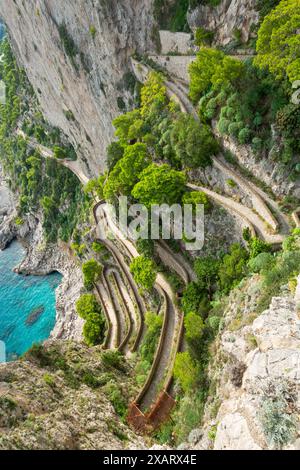 Capri, Italy from the Gardens of Augustus viewed over Via Krupp. Stock Photo