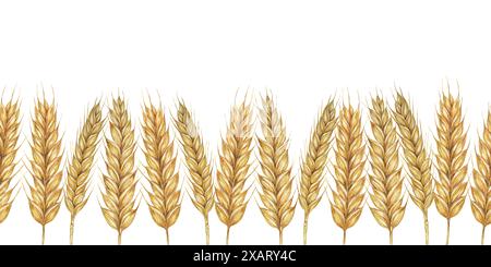 Gambi di grano bordo senza cuciture, nastro per orzo. Illustrazione acquerello per la celebrazione del raccolto, design rustici, birra, pane, temi agricoli. Clipart per tessuti, imballaggi, sfondi, striscioni Foto Stock