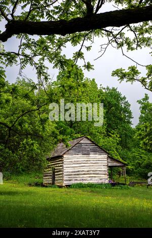 Le case costruite negli anni '1890 lungo la Blue Ridge Parkway si trovano all'Humpback Rocks Visitor Center in Virginia. Foto Stock