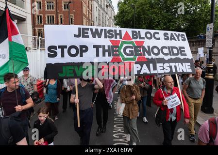 Londra, Regno Unito. 8 giugno 2024. Decine di migliaia di sostenitori della Palestina marciano attraverso il centro di Londra verso la piazza del Parlamento in una protesta organizzata da una coalizione di gruppi tra cui la campagna di solidarietà per la Palestina, Stop the War Coalition, Friends of al Aqsa e CND, chiedere un cessate il fuoco e la fine del sostegno del Regno Unito e degli Stati Uniti all'assedio, al bombardamento e all'invasione di Gaza da parte di Israele a seguito di un attacco da parte di militanti di Hamas. Crediti: Ron Fassbender/Alamy Live News Foto Stock