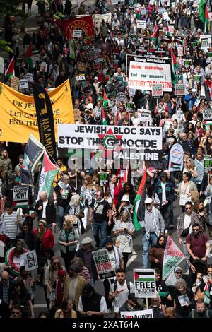 Londra, Regno Unito. 8 giugno 2024. Decine di migliaia di sostenitori della Palestina marciano attraverso il centro di Londra fino a Parliament Square in una protesta organizzata da una coalizione di gruppi tra cui la campagna di solidarietà per la Palestina, Stop the War Coalition, Friends of al Aqsa e CND. I manifestanti chiesero un cessate il fuoco e la fine del sostegno del Regno Unito e degli Stati Uniti all'assedio, al bombardamento e all'invasione di Gaza da parte di Israele a seguito di un attacco da parte di militanti di Hamas. Crediti: Ron Fassbender/Alamy Live News Foto Stock