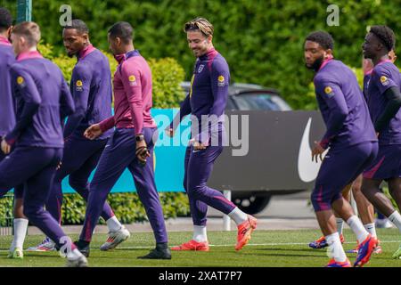 Enfield, Regno Unito. 6 giugno 2024. England Jack Grealish durante l'England Training session davanti all'amichevole International vs Islanda al Tottenham Hotspur Training Ground, Enfield, Inghilterra, Regno Unito il 6 giugno 2024 Credit: Every Second Media/Alamy Live News Foto Stock