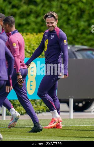 Enfield, Regno Unito. 6 giugno 2024. England Jack Grealish durante l'England Training session davanti all'amichevole International vs Islanda al Tottenham Hotspur Training Ground, Enfield, Inghilterra, Regno Unito il 6 giugno 2024 Credit: Every Second Media/Alamy Live News Foto Stock