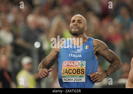 ROM, Italia. 8 giugno 2024. Atletica leggera, Campionati europei, Campionati europei: Lamont Marcell Jacobs Italia, 100m finale ai Campionati europei. Crediti: Michael Kappeler/dpa/Alamy Live News Foto Stock