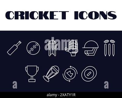 Vettore del set di insiemi di icone Cricket. Set vettoriale icone linea cricket. Illustrazione Vettoriale