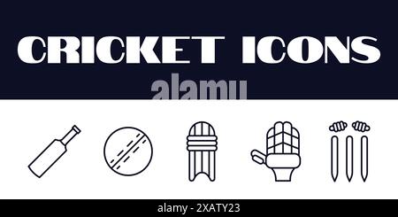 Vettore del set di insiemi di icone Cricket. Set vettoriale icone linea cricket. Illustrazione Vettoriale