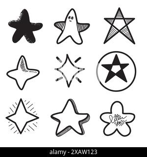 Set di stelle disegnate a mano. Star Doodles Collection su sfondo bianco. Illustrazione Vettoriale