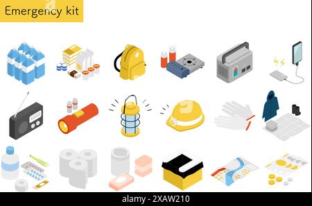 Kit di emergenza, semplice illustrazione isometrica, illustrazione vettoriale Illustrazione Vettoriale