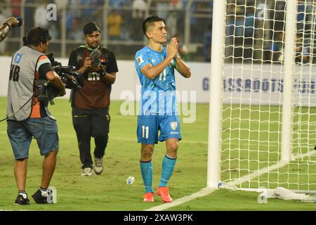 Kolkata, Ciudad de Mexico, India. 6 giugno 2024. Sunil Chhetri della National Indian Football Team, viene ricevuto durante una cerimonia di benvenuto dalla Federazione calcistica indiana prima dell'imminente partita dell'India contro l'Afghanistan. Il 6 giugno 2024 a Kolkata, India. (Credit Image: © Dipa Chakraborty/eyepix via ZUMA Press Wire) SOLO PER USO EDITORIALE! Non per USO commerciale! Foto Stock