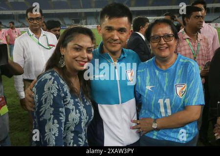 Kolkata, Ciudad de Mexico, India. 6 giugno 2024. Sunil Chhetri della National Indian Football Team, viene ricevuto durante una cerimonia di benvenuto dalla Federazione calcistica indiana prima dell'imminente partita dell'India contro l'Afghanistan. Il 6 giugno 2024 a Kolkata, India. (Credit Image: © Dipa Chakraborty/eyepix via ZUMA Press Wire) SOLO PER USO EDITORIALE! Non per USO commerciale! Foto Stock