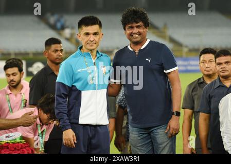 Kolkata, Ciudad de Mexico, India. 6 giugno 2024. Sunil Chhetri della National Indian Football Team, viene ricevuto durante una cerimonia di benvenuto dalla Federazione calcistica indiana prima dell'imminente partita dell'India contro l'Afghanistan. Il 6 giugno 2024 a Kolkata, India. (Credit Image: © Dipa Chakraborty/eyepix via ZUMA Press Wire) SOLO PER USO EDITORIALE! Non per USO commerciale! Foto Stock