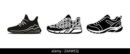 Set di scarpe sportive, sneakers icona nera, design piatto su sfondo bianco. Illustrazione vettoriale. Illustrazione Vettoriale