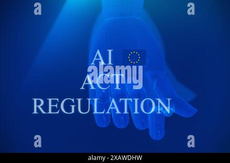 Robot scrittura a mano "ai Act Regulation" concetto di ai Act. regole dell'intelligenza artificiale. regolamentazione dell'intelligenza artificiale. Foto Stock