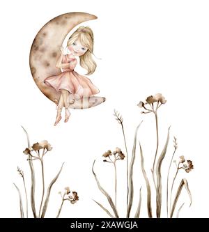 Ballerina bionda ragazza con un abito rosa e stivaletti si siede sulla luna. Illustrazione disegnata a mano isolata su sfondo bianco. Luna beige macchiata e. Foto Stock