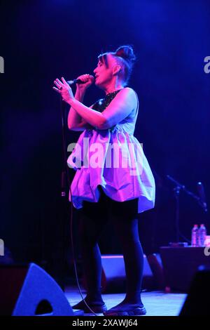 Kathleen Hanna von der Band Bikini uccide bei einem Konzert in der Columbiahalle a Berlino, 8. Juni 2024. Bikini Kill Konzert Berlin *** Kathleen Hanna della band Bikini Kill ad un concerto nella Columbiahalle di Berlino, 8 giugno 2024 Bikini Kill Concert Berlin Foto Stock