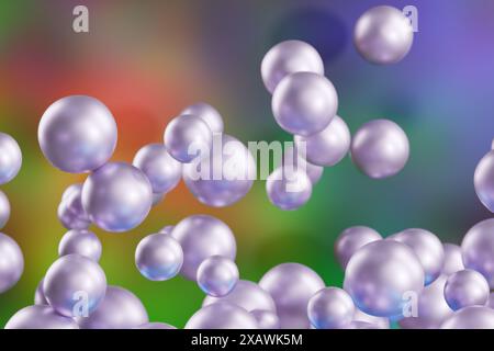 Sfere fluttuanti su uno sfondo colorato sfocato. rendering 3d. Foto Stock