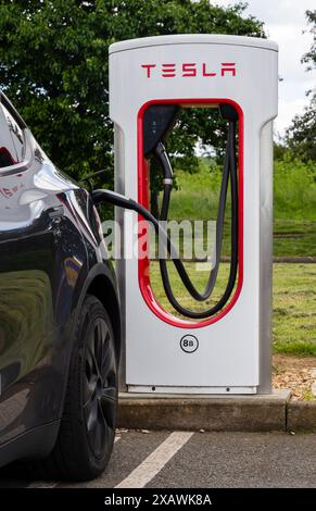 Un veicolo elettrico Tesla viene caricato con un caricabatterie rapido ad alta potenza presso una stazione di servizio Foto Stock